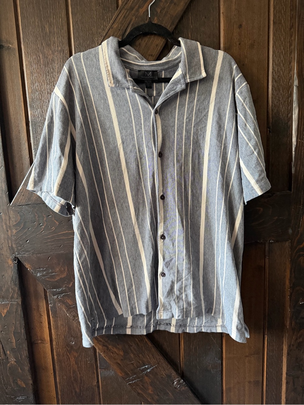 Magaschoni Mens Shirt Medium 100% Cotton Gray Cream Striped Short Sleeve Camp Co